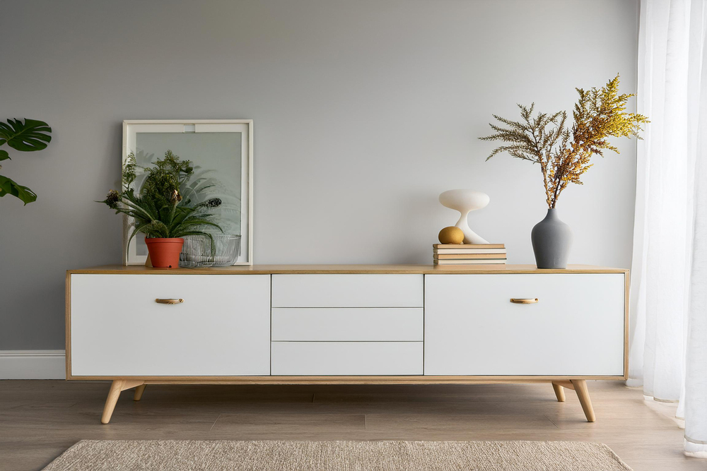 Aparador de estilo moderno y minimalista con decoración sutil que incluye plantas, un espejo, libros y jarrones, creando un ambiente elegante y equilibrado en la sala de estar.